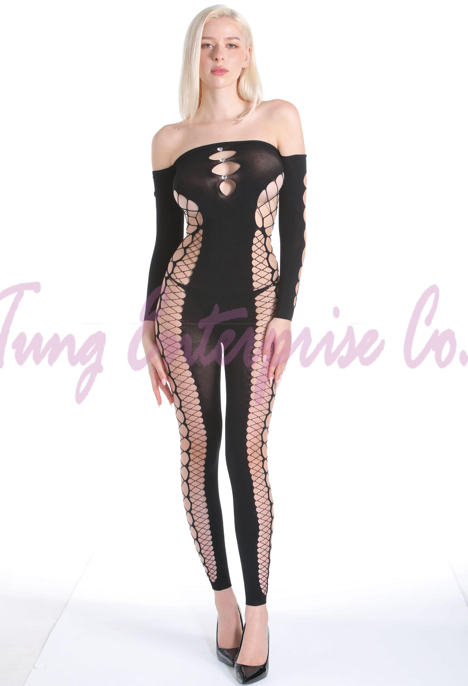 Off Shoulder Heart-shaped Rhinestone Side Criss Cross Fence Net ...